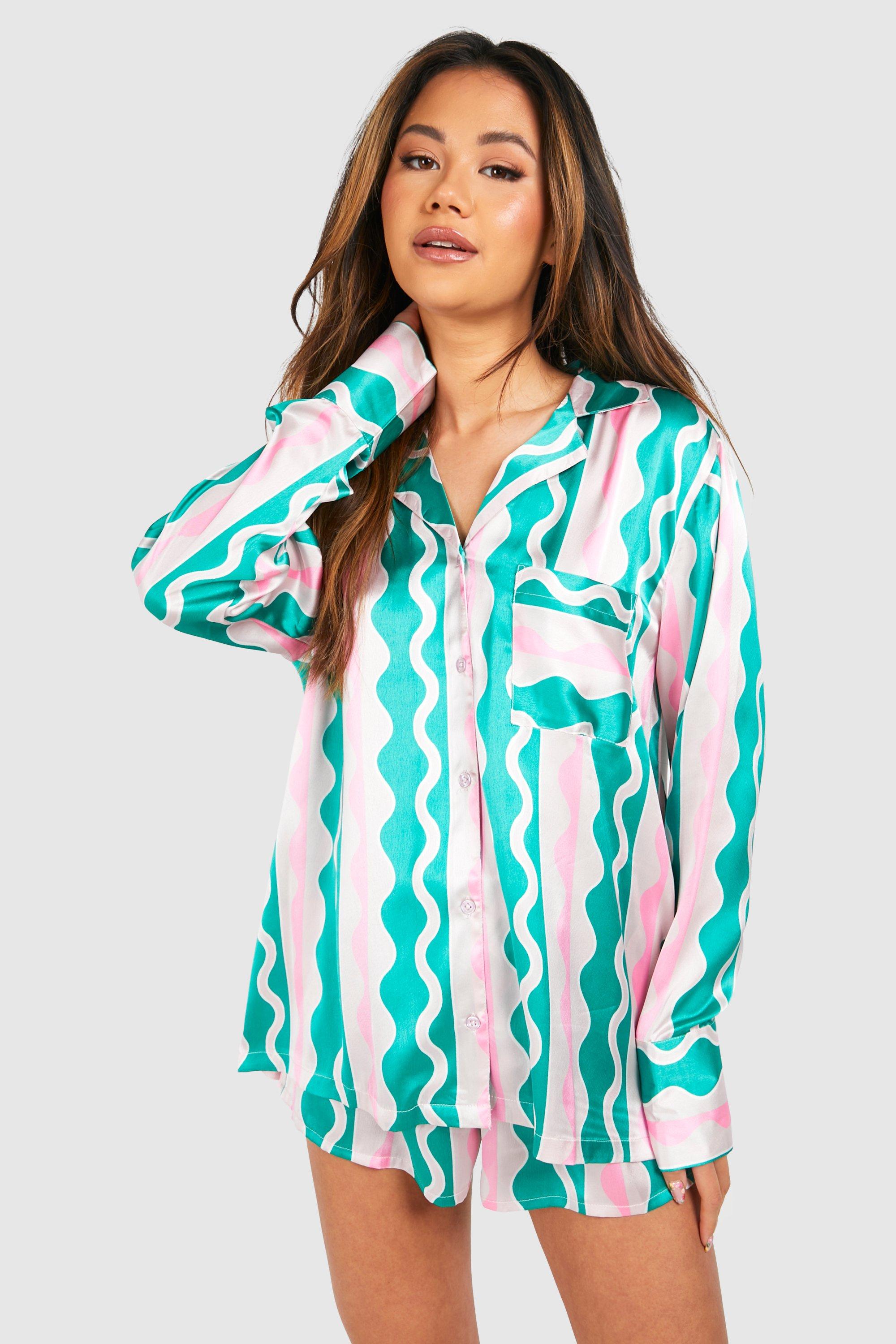 Womens Wavy Print Oversized Short Pyjama Set - Green - 10, Green